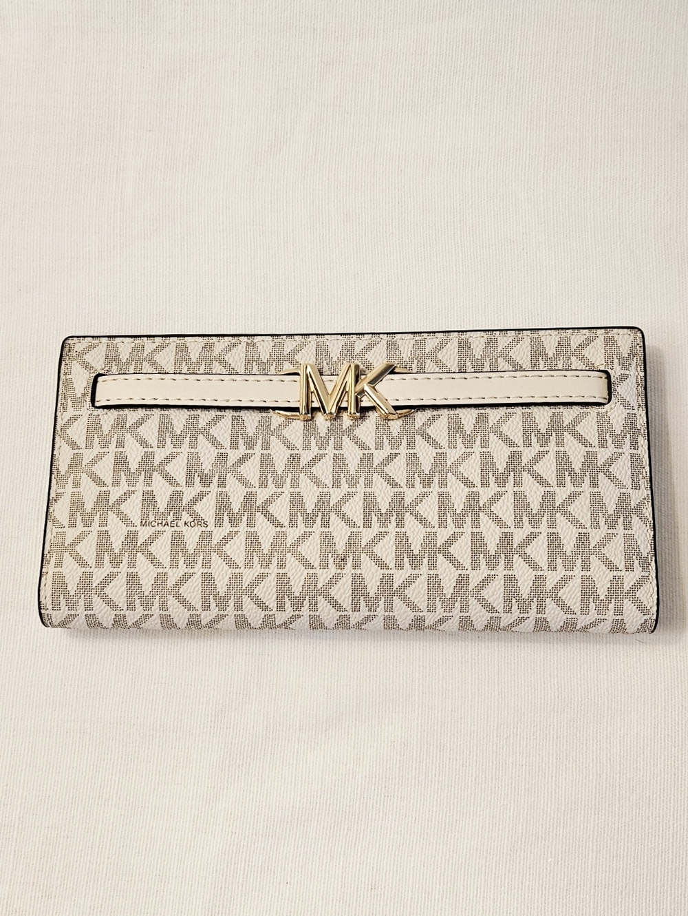 Michael Kors Cream Beige Signature MK Continental Wallet with Gold MK Accent